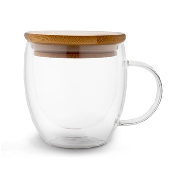 Taza Doble Vidrio Con Tapa De Madera